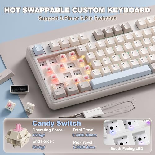 YUNZII B98 PRO QMK/VIA Wireless Mechanical Gaming Keyboard, 96% Layout with Numpad and Cute Cat Knob, BT/2.4G/USB-C, Hot Swap Custom Gasket Keyboard, RGB for Win/Mac (Beige, Candy Linear Switch)