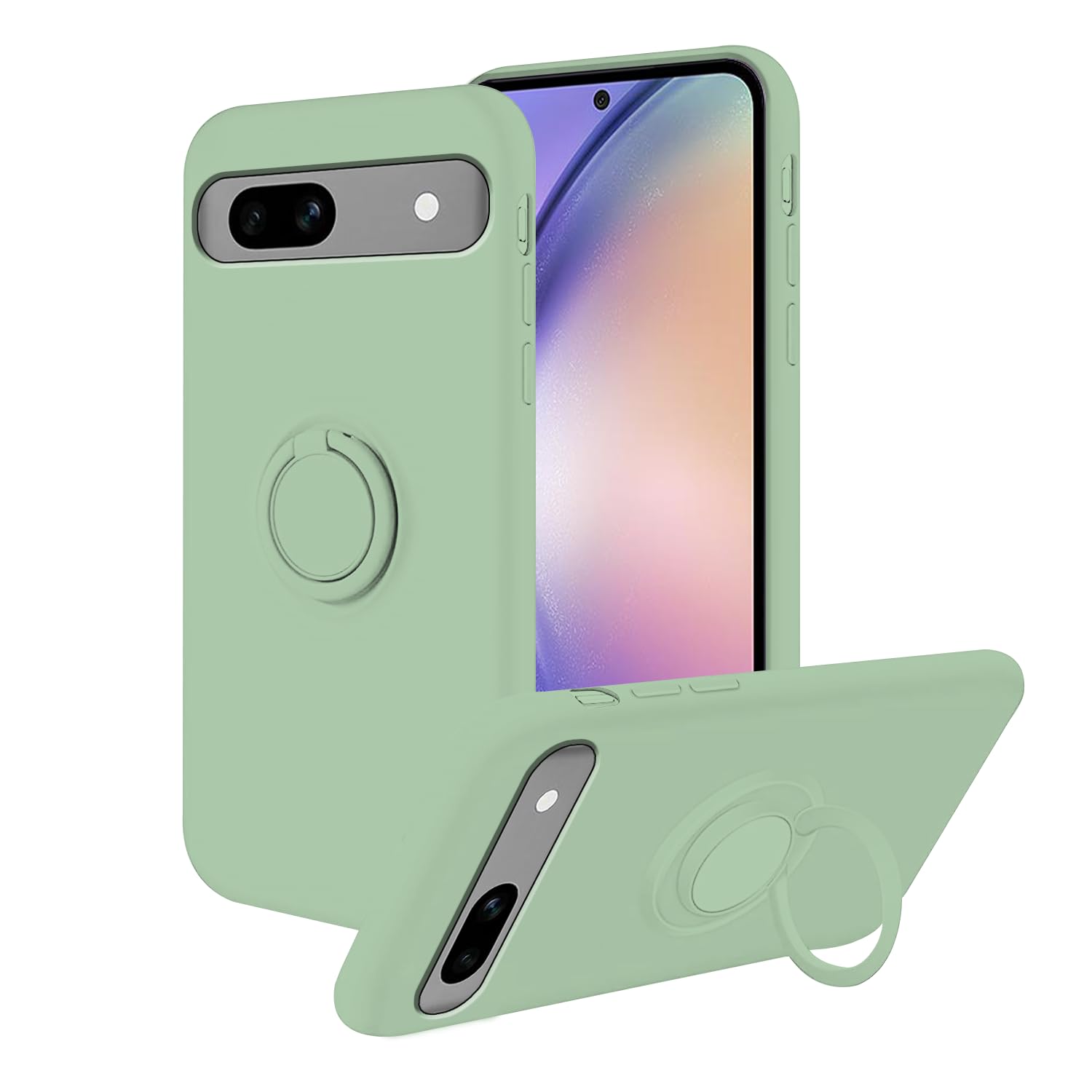 Compatible With Google Pixel 7a Case Shockproof with Ring Kickstand, Google Pixel 7a Phone Case Silicone with Full body Cases Cover with Soft Microfiber Lining (Green)