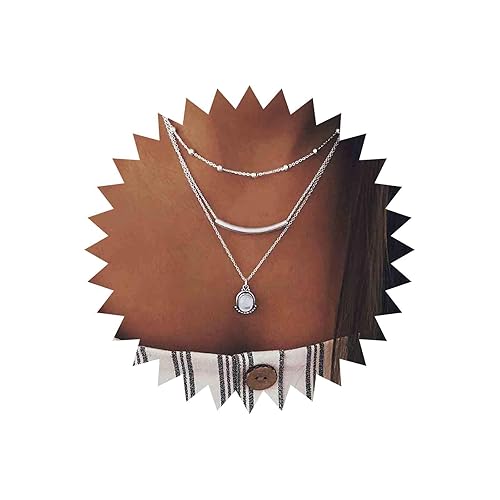 Yheakne Boho Layered Opal Moonstone Necklace Choker Silver Carved