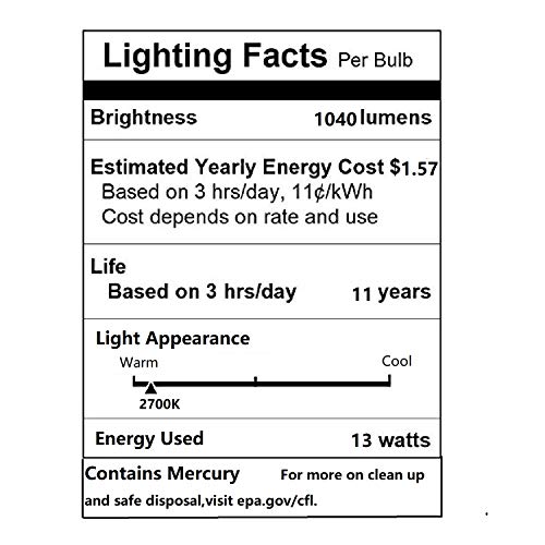 13 Watt Compact Fluorescent Light(60 Watt Equivalent) Soft White 2700K,Spiral Medium Base CFL Light Bulbs (6 Pack)