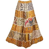 Women's Maxi Skirt Yellow Vintage Ethnic Patchwork Flare Skirts S/M
