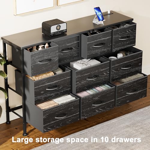 Lulive Dresser for Bedroom, 10 Drawer TV Stand with Power Outlet, Entertainment Center Chest of Drawers for 55 Inch Long TV, Wide Fabric Dresser for Storage & Organization (Black Wood Grain)