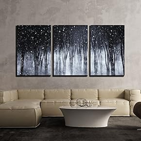 3 Piece Canvas Wall Art - 3D Render of a Spooky Foggy Forest on a Snowy Night - Modern Home Art Stretched and Framed Ready to Hang - 16"x24"x3 Panels