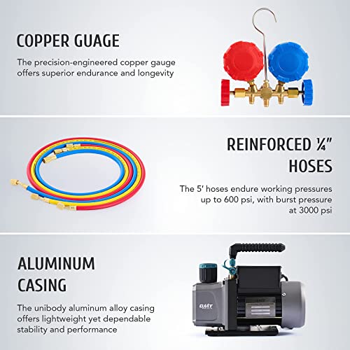 Orion Motor Tech AC Gauges and Vacuum Pump, 3 Way AC Gauge Set with 5FT