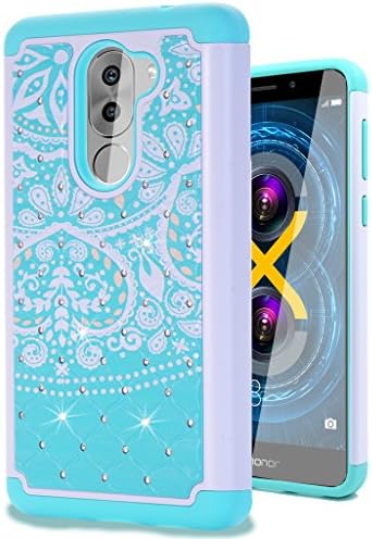 Honor 6X Case, MANDYCOWRY [ Fashion ]Crystal Bling Diamond Shell Shock Absorbing Soft Rubber Inner Hybrid Armor Protection Cover For Honor 6X (Blue Flower)