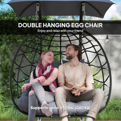 Outsunny Double Hanging Egg Chair with Canopy, Foldable Wicker Egg Swing Chair with Steel Stand, Cushion, Headrest, Indoor Outdoor Hammock Chair, 573lbs Capacity, Black
