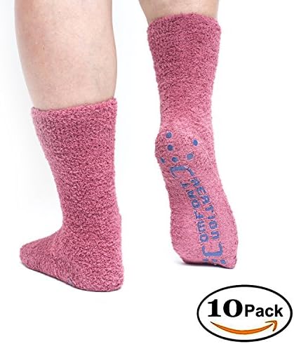 Non Skid Slipper Socks Fuzzy Moisture-Wicking Ideal for Diabetics Cold Feet Home Travel Hospital Crew Length 10 Pack Pink