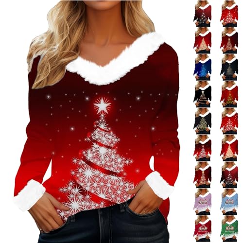 Angxiwan Christmas top Christmas Tops for Women UK Casual Fleece V-Neck Pullover Top Sparkly Xmas Tree Print Long Sleeve Jumper Plus Size Holiday Shirts Blouse Suit