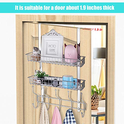 Coat Rack, MILIJIA Over The Door Hanger with Mesh Basket, Detachable Storage Shelf for Towels, Hats, Handbags, Coats (Chrome-2 Layer)