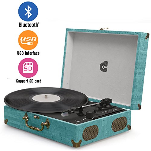 CMC Portable Bluetooth 3 Stereo Speed Turntable with Built in Speakers, Vintage Style Vinyl Record Player, Sky Blue