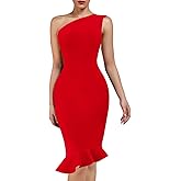 UONBOX Women's One Shoulder Sleeveless Bodycon Dress Midi Mermaid Party Bandage Dress