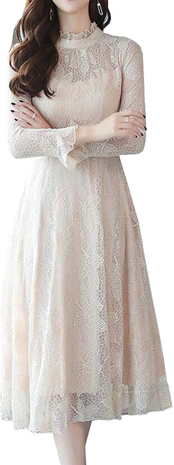 Amazon レディース ドレス レース ワンピース ミモレ丈 長袖 フレア シースルー セクシー 裏地あり 通勤 パーティー お呼ばれ 二次会 披露宴 結婚式 ワンピース チュニック 通販