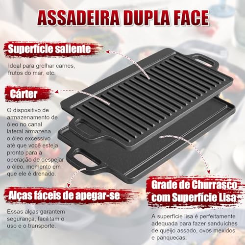 45 x 23 cm Chapa Grill para Fogão e Indução, Dupla Face Retangular, Chapa de Ferro Dupla Face, Retangular de Ferro Fundido, Frigideira Reversível Pré-Temperada