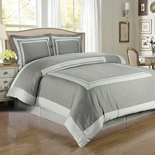 sheetsnthingsHotel 300-Thread-Count, 100-Percent Cotton Full-Queen 3PC Duvet Cover Set, Grey with Light Grey Trim