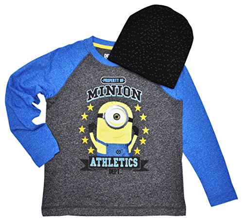 Minions Boys T-shirt & Knit Beanie Hat 2pc Set Long Sleeves Athletics (XS)