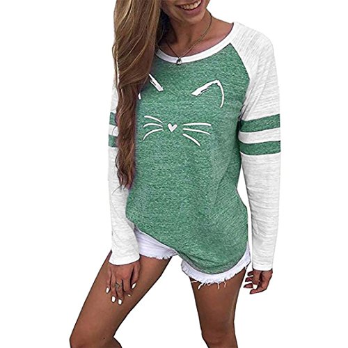 Cat Printing T-Shirt-Han Shi Women Fashion Casual Long Sleeve Strip Tops Blouse (Green, XL)