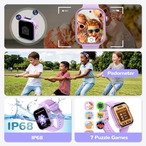 4G Children's Smartwatch GPS Watch with Video Calls, Voice Chat, School Mode, Dual Camera, Alarm, Pedometer, IP68 Calculator Smart Watch for Boys and Girls, Purple
