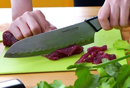 New sharp durable stainless steel silver and black color Kitchen knife set of 3 by Yanicho's Cucina includes 5 inch utility 8 inch curving 7 inch Santoku chef knife