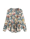 SheIn Women's Casual Loose Round Neck Beaded Bell Sleeve Ruffle Hem Top Blouse Grey# Medium