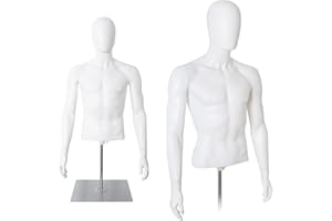 YumHome Male Mannequin Torso Body, Height Adjustable Plastic Half Body Display Dress Form with Metal Stand, Dress Form for Retail Clothing Shops, White