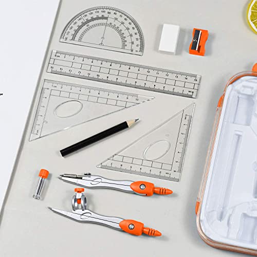 CHUKCHI Geometry Kit, 10 Pieces Math Supplies Kit with Rulers, Protractor, Compass, Pencil Lead Refills, Pencil, Eraser, Used for Drawing Measurement and Geometry Learning （Orange）