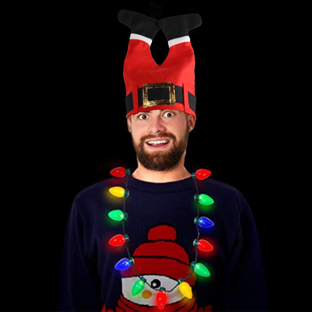 Christmas Red Santa Legs Pant Hat and LED Light-up Bulb Necklace for Ugly Sweater Christmas Xmas Holiday Party