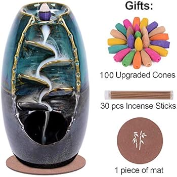SPACEKEEPER Ceramic Backflow Incense Holder Waterfall Incense Burner, Aromatherapy Ornament Home Decor with 100 Backflow Incense Cones + 30 Incense Stick , Blue Set