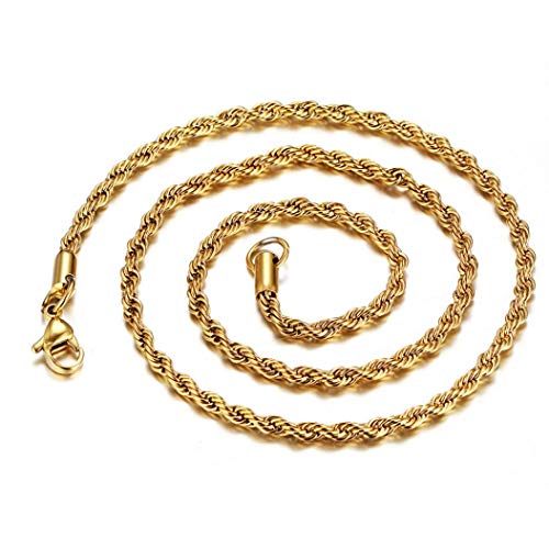 Snowfoller Gold Twisted Rope Necklace Unisex 3mm Stainless Steel Choker Chain Hip Hop Style Jewelry Gift For Men Women (A)