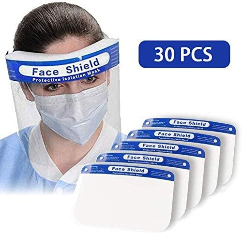 30PCS Safety Face Shield Reusable Plastic Face Shield Full Face Transparent Windproof Dustproof Hat Shield With Protective Clear Film Elastic Band