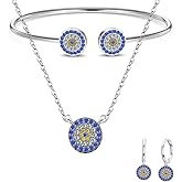 Celestara Jewelry, 925 Sterling Silver Dainty Evil Eye Set of Pendant Necklace, Bracelet, and Earrings with Blue CZ Sapphire - Spiritual Protection Jewelry (with Exquisite Leather Box)