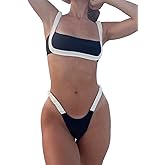 HYTENSUN Women's Bandeau Cheeky Bikini Colorblock Square Neck High Cut Swimsuits Two Pieces Bathing Suits