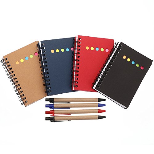 Maxdot 4 Pieces Steno Pocket Business Notebook Spiral Lined Notepad Set with Pen in Holder, Sticky Colored Notes Page Marker Tabs, 4 Colors Cover