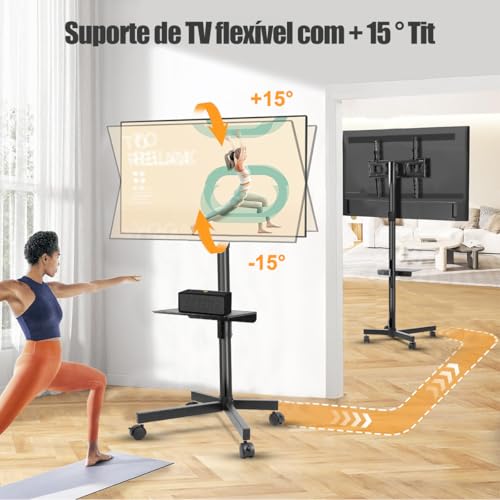 32'' a 65'' Suporte para TV/Monitor com Rodas, Carrinho de TV Móvel Ajustável de Altura Livre, Suporte Pedestal para TV Tela Grande