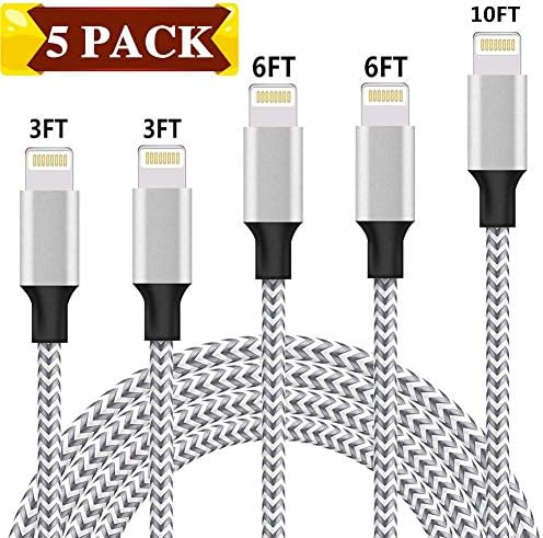 iPhone Charger, MFi Certified Cable, 5 Pack(3/3/6/6/10 FT) Extra Long Nylon Braided Charging&Syncing Cord Compatible with iPhone Xs/XR/XS Max/X/7/7Plus/8/8Plus/6S/6S Plus/5 More Silver&Grey
