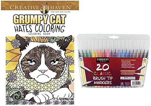 Adult Coloring Book Gift Set, Dover Grumpy Cat Hates Coloring and Sargent Art Firm Brush Tip Marker Pens in a Case, Set of 20: Stress Relieving, Color a Really Lovable Cranky Cat, Enjoy!