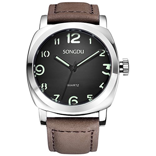 SONGDU Men's Stylish Design Quartz Watch Green Numeral Black Dial (Silver and Brown)