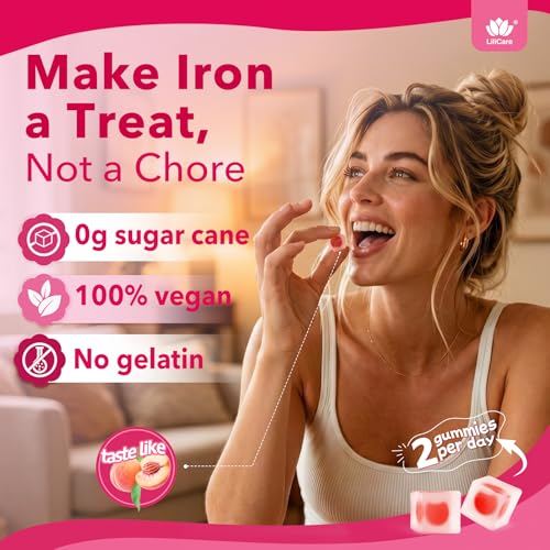 Iron Gummies for Women 25mg Plus Vitamin C, Beet Root, Vitamin B12, Folate for Iron Deficiency, Anemia, Energy Boost, Sugar Free Iron Supplement, Non-Constipating, No After Taste, 60 Cts