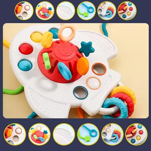 AM ANNA Montessori 6 in 1 Baby Toys for 6-12 Months - Infant Sorter Sensory Bins for Toddlers 1-3, Stacking Blocks, Silicone Teething Toys, Pull String Toy for Boys & Girls - 34pcs