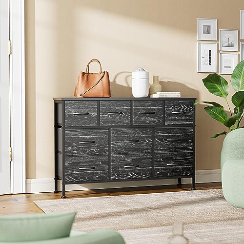 Lulive Dresser for Bedroom, 10 Drawer TV Stand with Power Outlet, Entertainment Center Chest of Drawers for 55 Inch Long TV, Wide Fabric Dresser for Storage & Organization (Black Wood Grain)