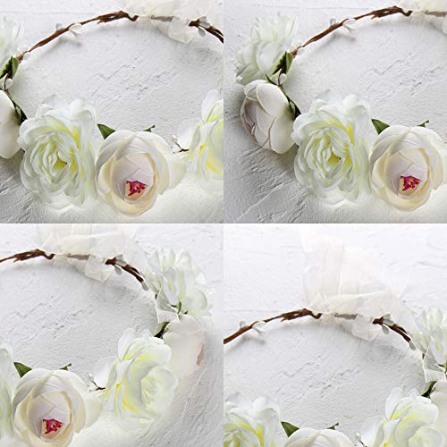 Flower Crown Headband Rose Wreath Garland Hair Bands Floral Wedding Bridal Hair Hoop Women Girls Leaf Ribbon Party Decoration Headdress Headwear Christmas Handmade Headpiece Hair Accessories White