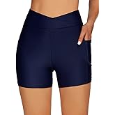 Tournesol Women's 4" Swim Shorts High Waisted Swimsuit Bottoms Cross Waist Bathing Suit Swimwear Boy Shorts with Pocket
