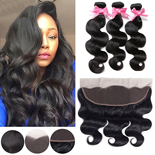Free Queen hair 8A Brazilian Virgin Hair 3 Bundles With Lace Frontal Closure 100% Human Hair Extensions Body Wave Natural Color (16" 18" 20"+14"closure, Free Part)