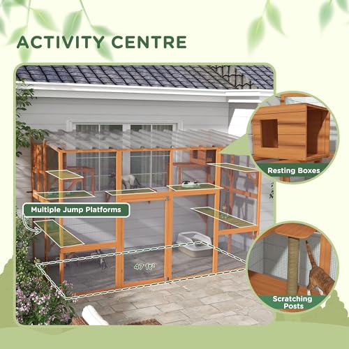 PawHut Catio Outdoor Cat Enclosure, 118" L Large Wooden Outdoor Cat House w/ 2 Condos, 7 Platforms, 2 Scratching Posts, Waterproof Roof, Walk-in Kitty Cage for 1–5 Kittens, Orange