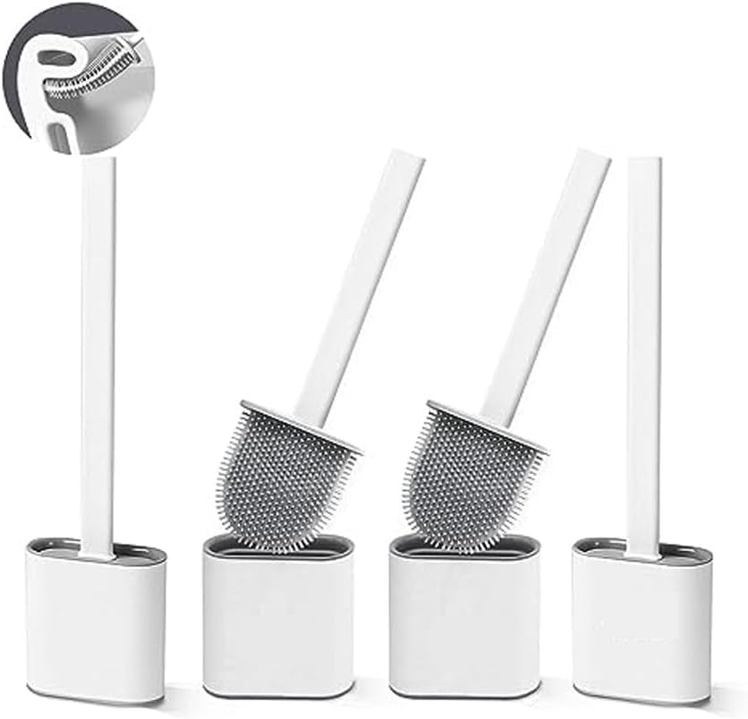 KWIK CLEAN 4 pack White Deep Clean Silicone Toilet Brush & Quick Dry Anti-drip Holder, Flexible No scratch Bathroom Brush Long Non-Slip Handle for Easy Cleaning, Durable Toilet Brush Set With Holder