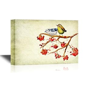 Pair of Birds on a Rowan Berry Branch