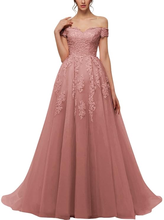 Vickyben Damen Prinzessin A-Linie Ab Schulter Spitzen Tuell Abendkleider Ballkleid Brautkleid Lang