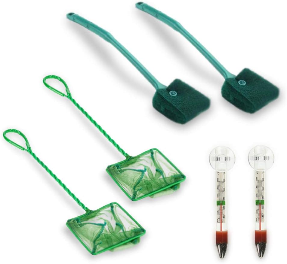 SITAKE Stainless Steel Aquarium Tools Kit 5 in 1 with 2 Thermometer and 1 Acrylic Tweezer Holder - Aquarium Tweezers Scissor Spatula Tools - Aquatic Plant Tweezers Scissors Spatula Cleaning Tool Set