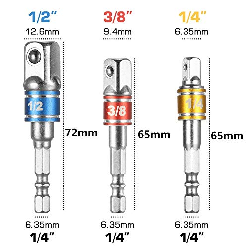 3 Pcs Cr-V1/4"3/8"1/2" Square Drive,Hex Shank Bit Square Nut Driver Set Power Drill Cordless Impact Sockets Bit Set Adapter,Socket Wrench Set Ratchet Extension,Impact Driver Bit Set - Thumbnail 2