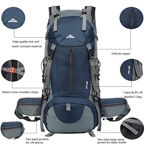 Seenlast 50L Unisex Travel Hiking Backpack Outdoor Sport Daypack Water-Resistant Bag with Rain Cover for Climbing Camping Touring Mountaineering (Dark Blue)