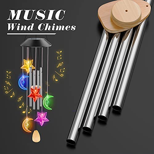 PUISUIT Solar Wind Chimes for Outside, LED Changing Color Memorial Wind Bell for Garden, Patio, Yard, Party Decoration, Waterproof, 25 Inch Low Tone(Moon and Star)